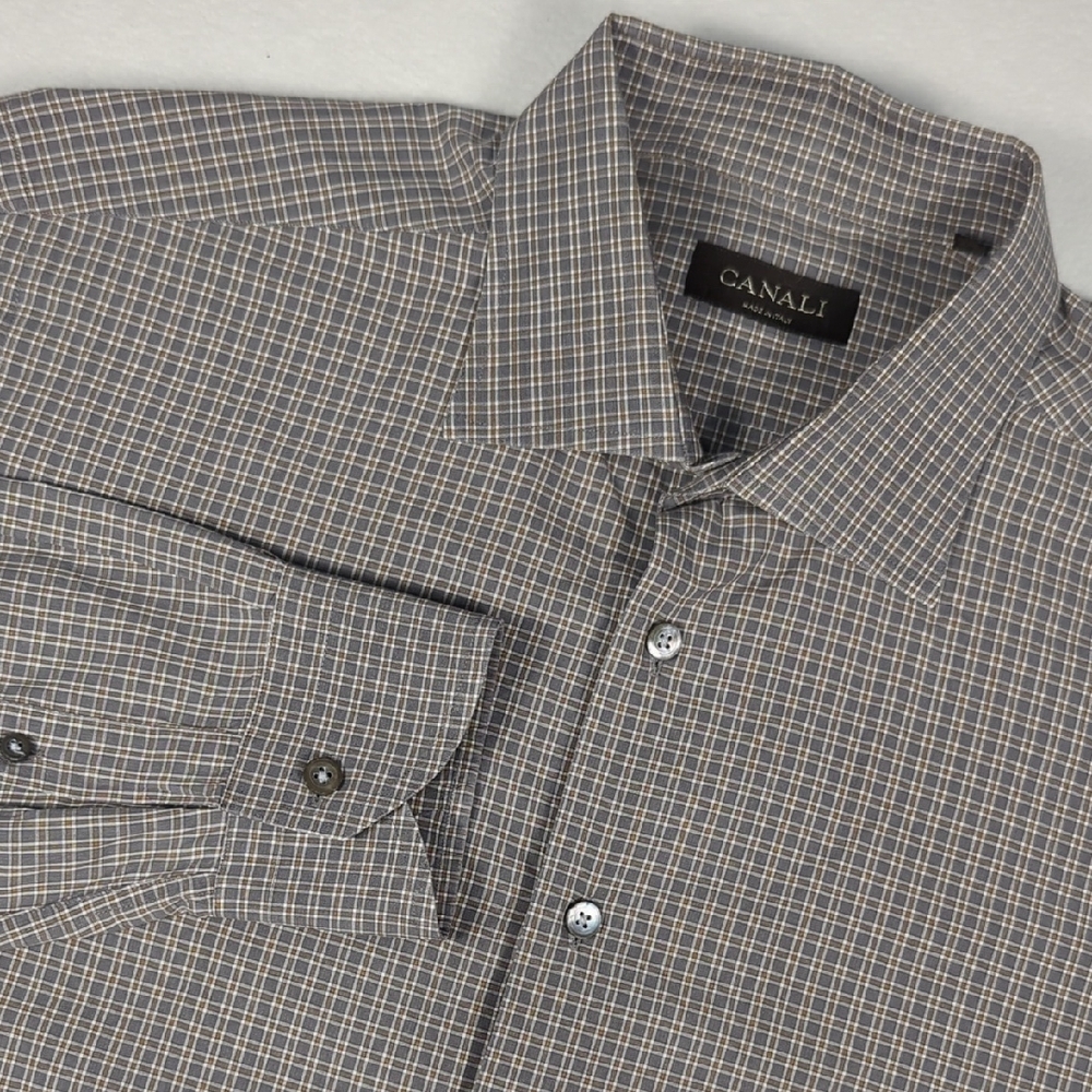Canali Men's Checkered Plaid Long Sleeve‎ Button-up Shirt Neck Size 17 (Large)